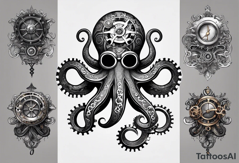 An octopus designed with steampunk elements like gears, bolts, and steam pipes integrated into its body. This merges the natural and mechanical in a visually intriguing way. tattoo idea