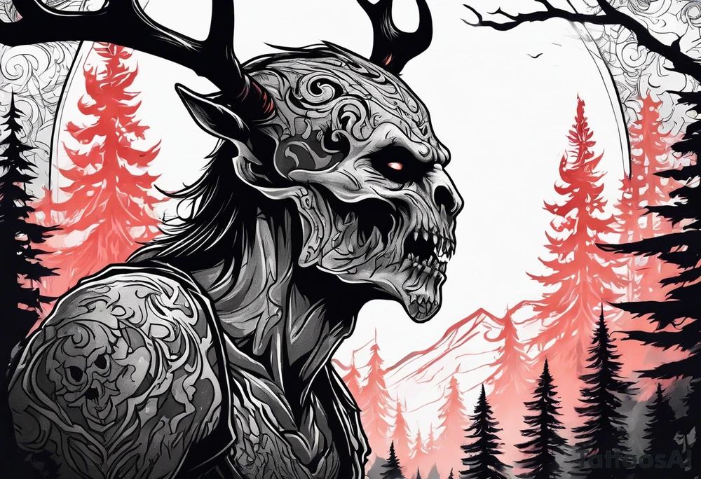 A scary terrifying horrifying zombie lore accurate wendigo side profile surrounded by a forest fire in background tattoo idea