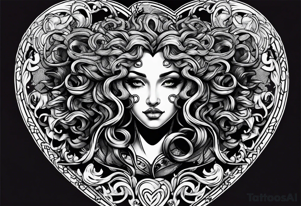 Gothic Medusa inside of a heart blackwork tattoo idea