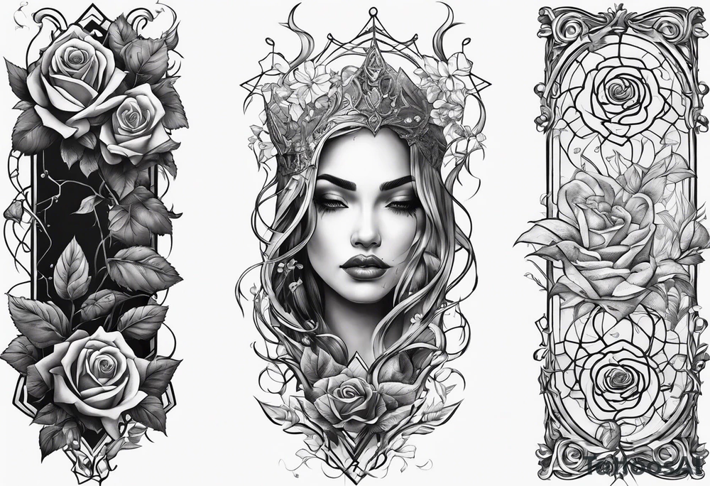 tattoo fool sleeve, old broken gothic home, broken sword, tree roots break out of the chains, roses tattoo idea