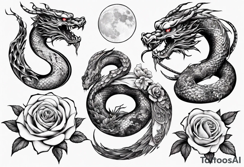 snake Japanese dragon with moon and roses tattoo idea