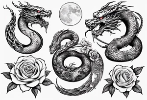 snake Japanese dragon with moon and roses tattoo idea