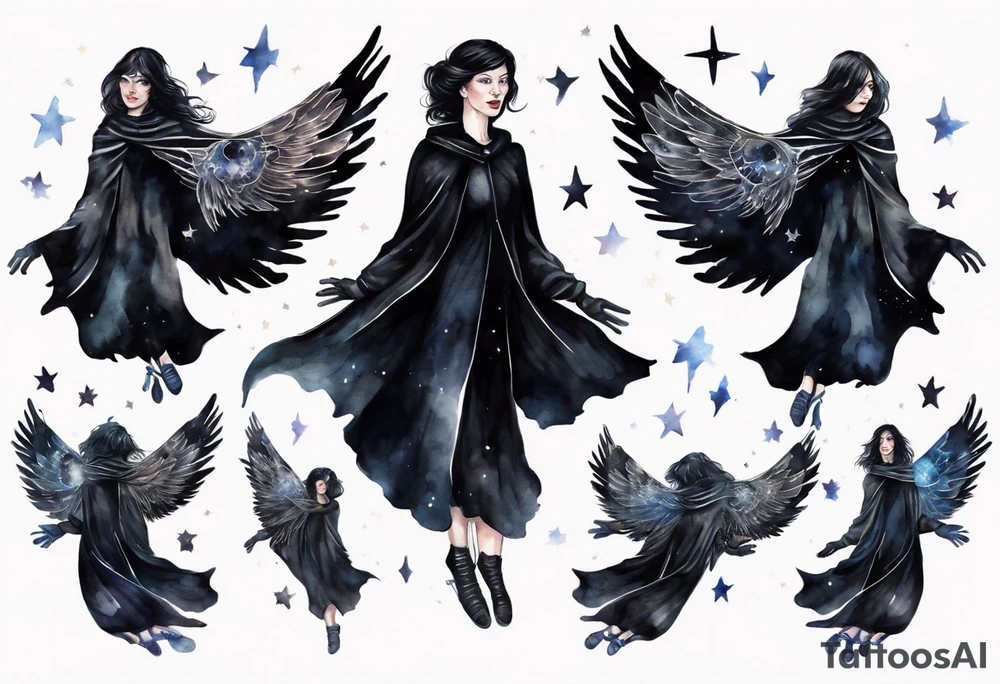 a beautiful 45 year old woman flying in the night sky with black wings, wearing a black cloak and gloves, bare feet tattoo idea