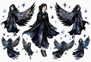 a beautiful 45 year old woman flying in the night sky with black wings, wearing a black cloak and gloves, bare feet tattoo idea