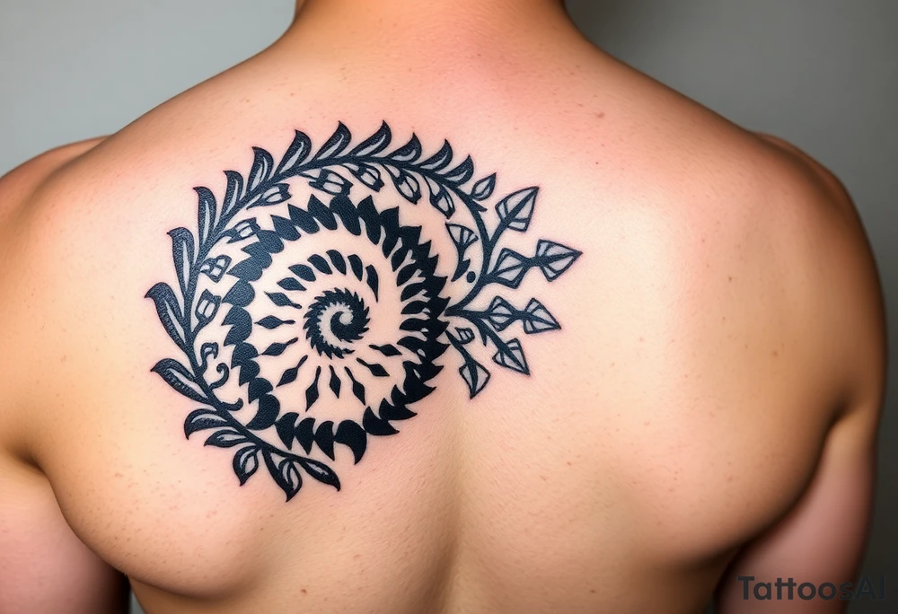 Spiral fern with tribal patterns, one side dark and tight (ego), the other open and light (soul), Māori inspired tattoo tattoo idea