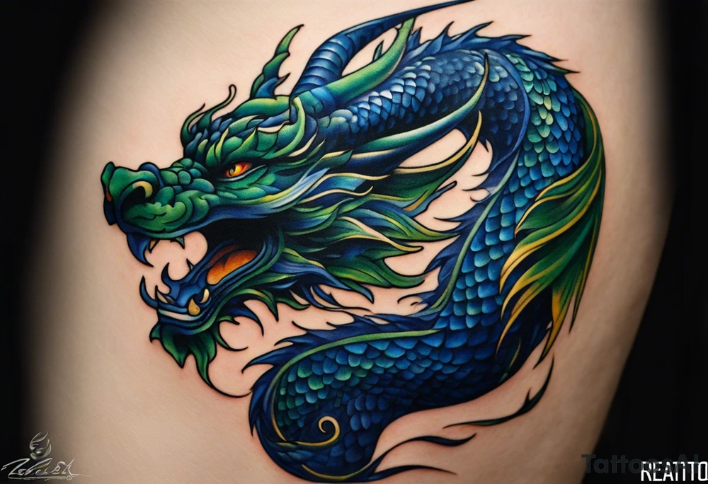 Realist Tattoo: An epic with no wings floating. Its body coiling dynamically, with scales and horns detailed to create a sense of movement and strength. The dragon's main color is dark blue but features accents in green, blue, and gold, giving a vibrant depth and a mystical aura. This tattoo highlights the dragon’s fierce expression and sharp claws as it wraps protectively around the leg. Style: Realism tattoo idea