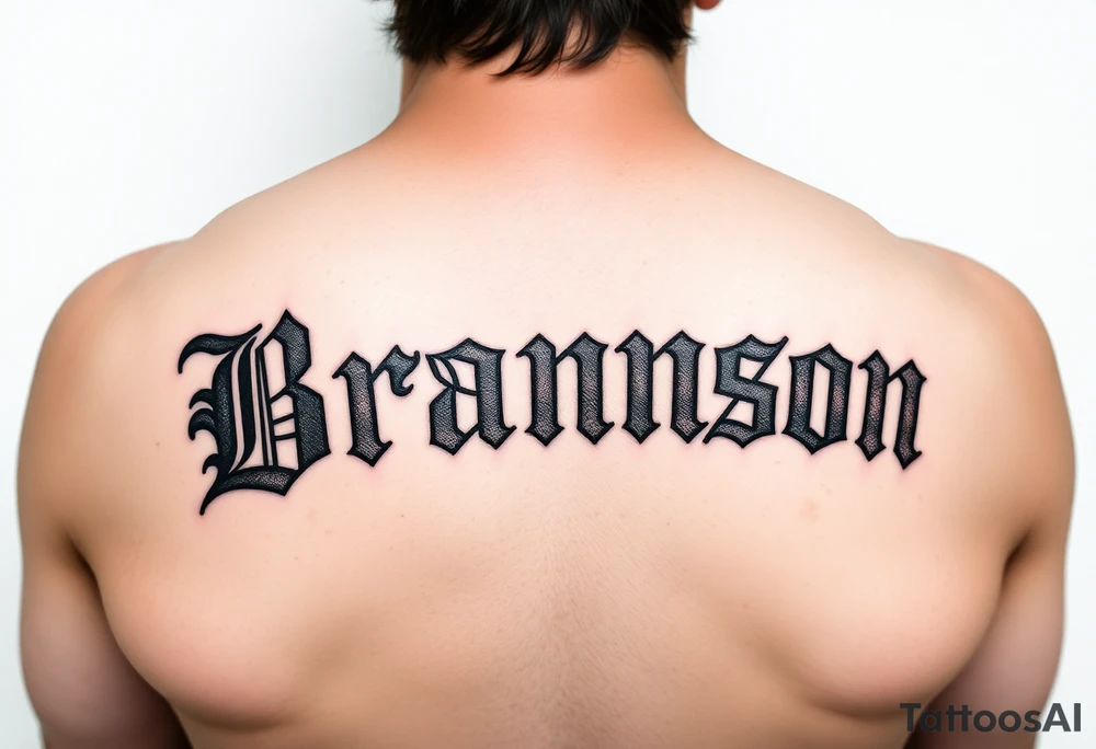 Old English lettering with red bandana accents spelling Brannon tattoo idea