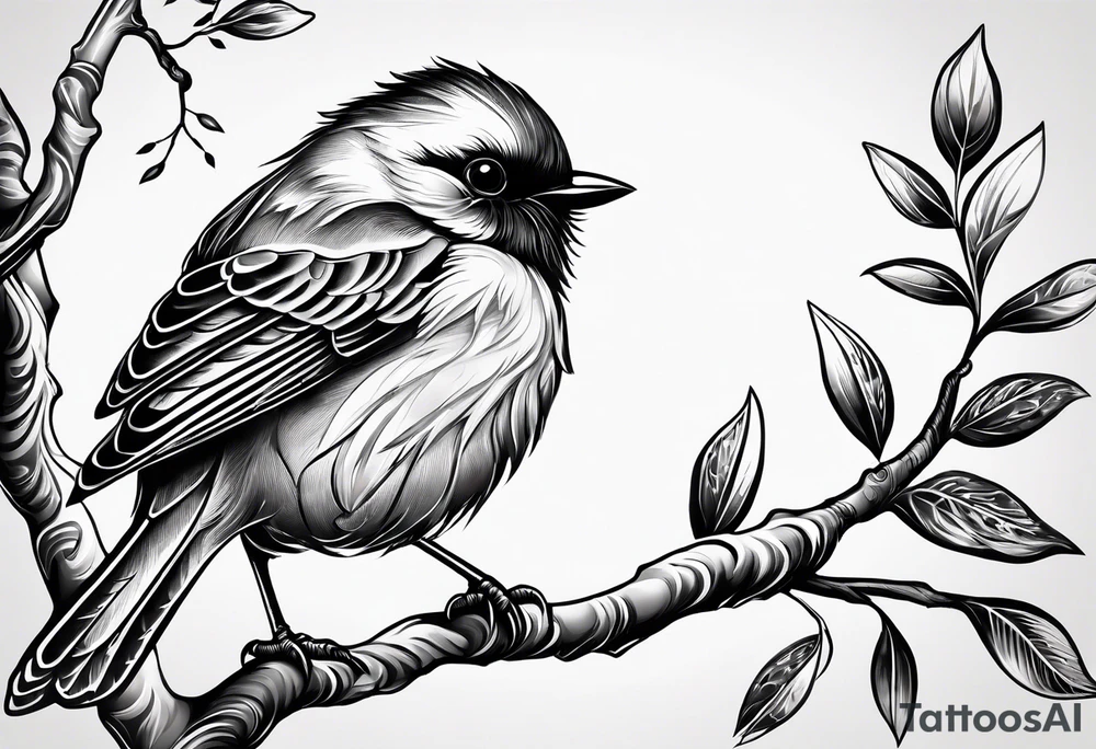 Black and white little bird, sitting on a branch. tattoo idea