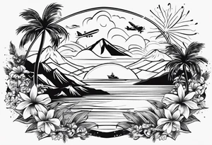 Daisies, palm tree and airplane anchor waves fireworks, mountain,  ski , sun 06, 09, 11, 716, 02072 tattoo idea