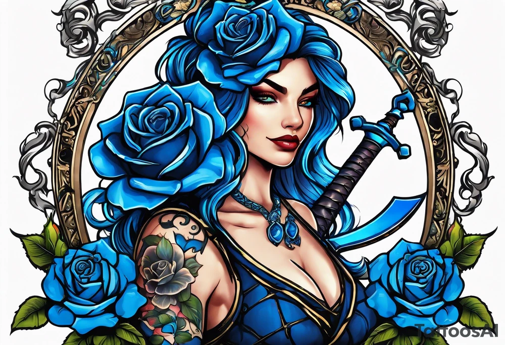 Justicia Goddess Tattoo  frame blue roses, scales and a sword, blindfolded. tattoo idea