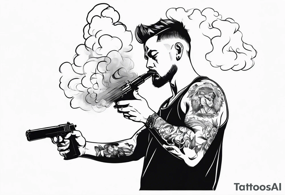 sexy man in mini boy shorts holding gun blowing smoke tattoo idea