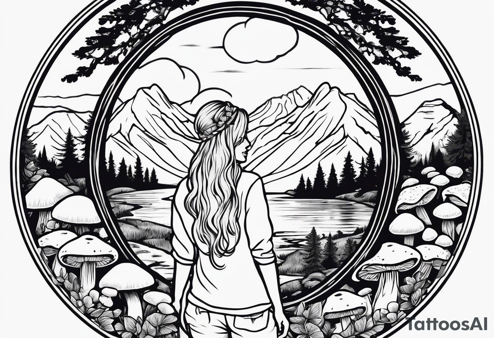 Whole picture encircled fully

Straight long blonde hair hippie girl in distance holding mushrooms in hand facing away toward mountains and creek surrounded by mushrooms long sleeve shirt and hiking pants; whole rendering within a full circle, no cut off circle tattoo idea