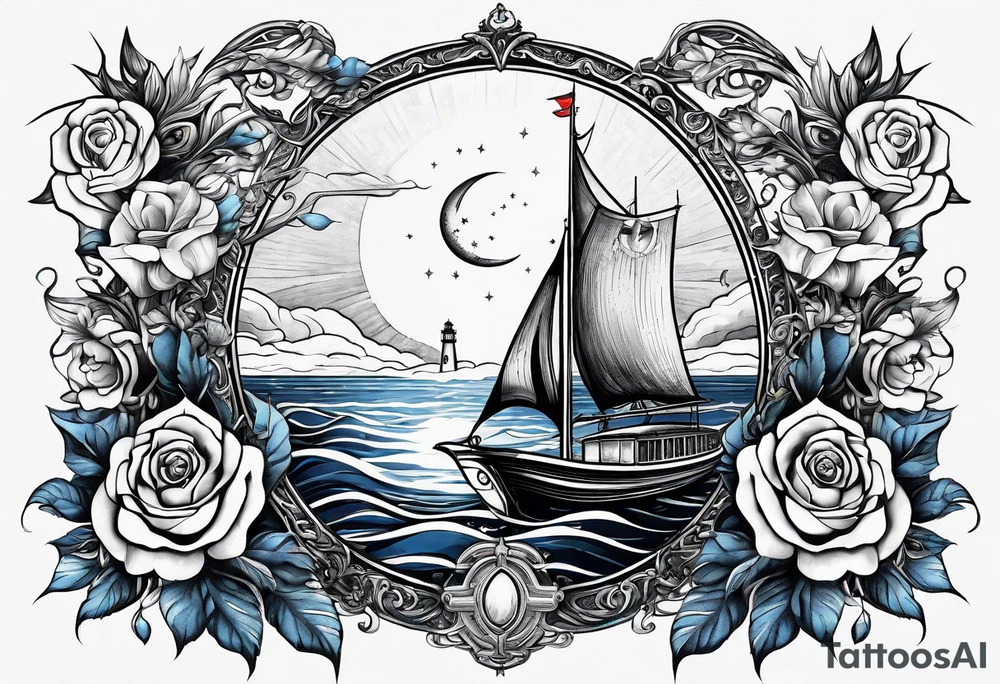 bateau, phare maritime, phoenix, rose des vents et lune bleu. tattoo idea