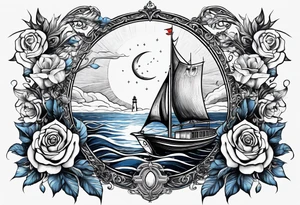 bateau, phare maritime, phoenix, rose des vents et lune bleu. tattoo idea