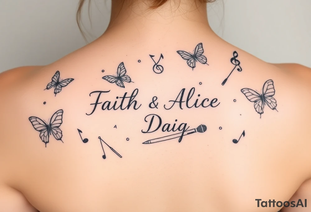 Names: Faith Alice Ida Daiquan surrounded with butterflies, musical notes, needle and thread, microphone and drumstick tattoo idea
