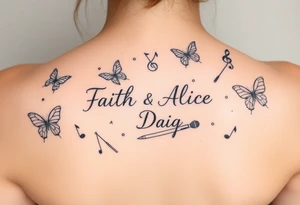 Names: Faith Alice Ida Daiquan surrounded with butterflies, musical notes, needle and thread, microphone and drumstick tattoo idea