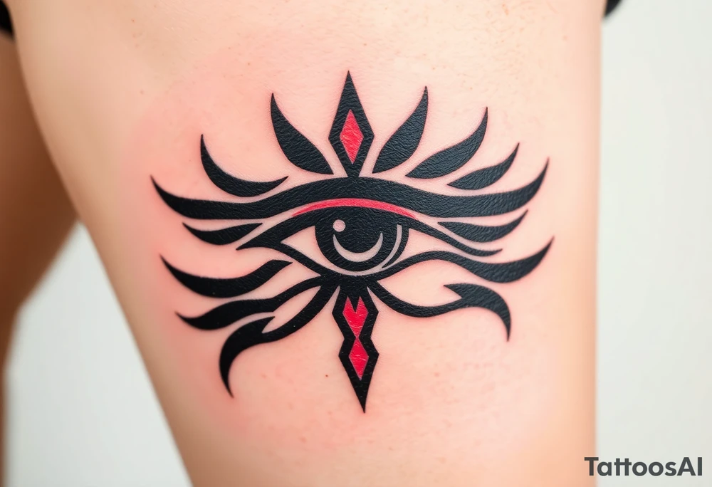 A tribal-style Eye of Horus, with bold black ink and subtle red highlights, inspired by ancient warrior markings tattoo idea