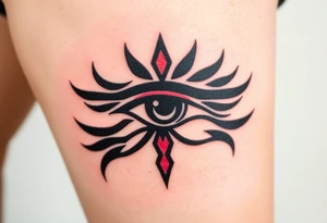 A tribal-style Eye of Horus, with bold black ink and subtle red highlights, inspired by ancient warrior markings tattoo idea