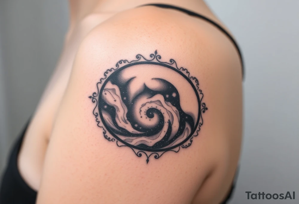 A photorealistic galaxy themed tattoo, bordered with a oval shaped frame tattoo idea