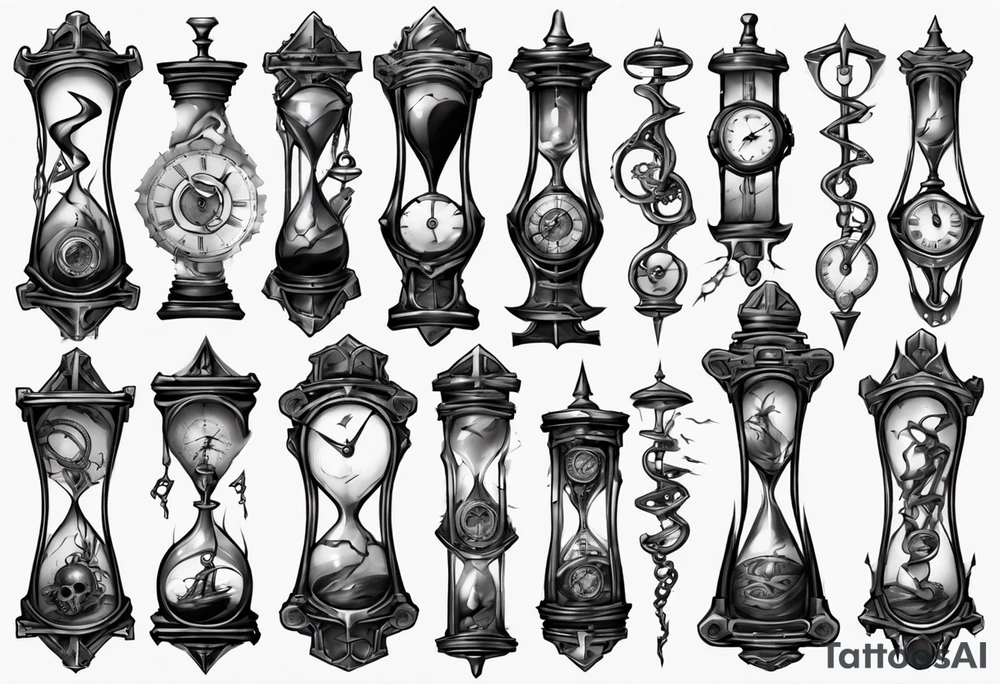 dark fantasy long tattoo
broken hourglass and old watch tattoo idea