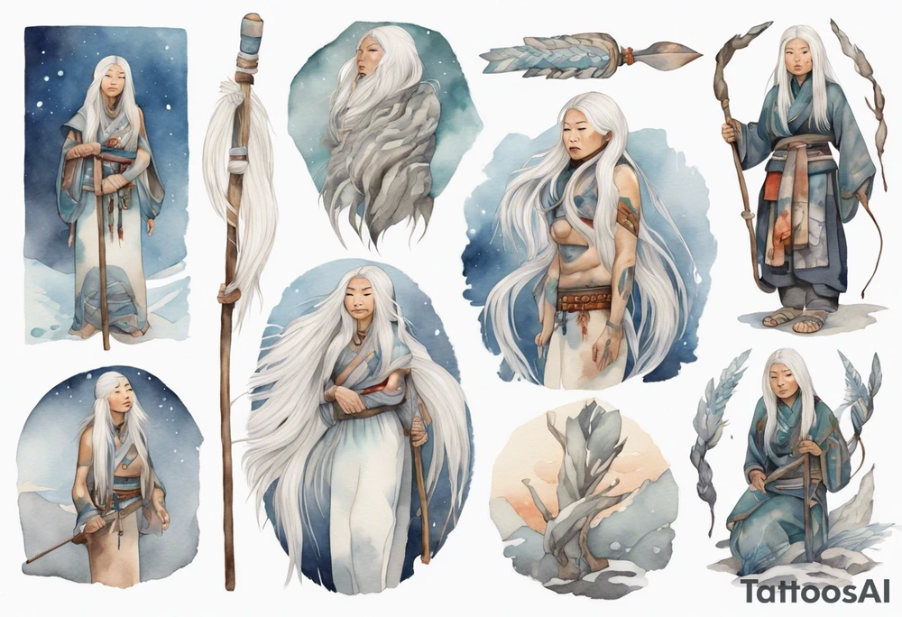 an Inuit woman with long white hair holding onto a silver staff tattoo idea
