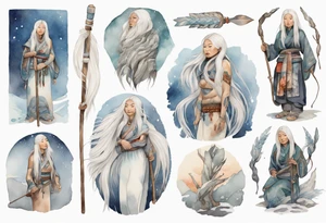 an Inuit woman with long white hair holding onto a silver staff tattoo idea
