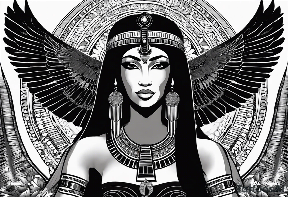 black and white Egyptian goddess Isis, who is often depicted as a woman with outstretched wings, holding an ankh (a symbol of life) in one hand and a lotus flower in the other. Her headdress often includes a throne or a solar disk. The tattoo design can vary in style and size, but it typically aims to capture the essence of this revered Egyptian deity, emphasizing her beauty, power, and maternal qualities. The choice of colors and additional elements can also be customized to create a unique and visually striking representation of the goddess Isis tattoo idea