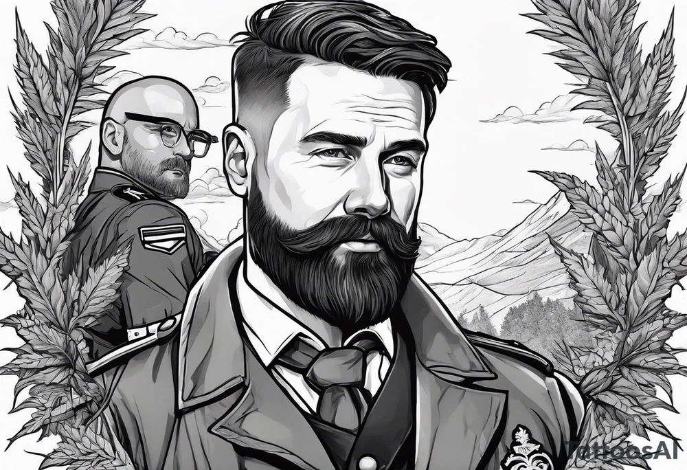 big short hair 
irish guy with beard and bald german military doctor sitting on a cannabis plant tattoo idea