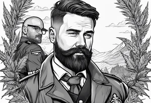 big short hair 
irish guy with beard and bald german military doctor sitting on a cannabis plant tattoo idea