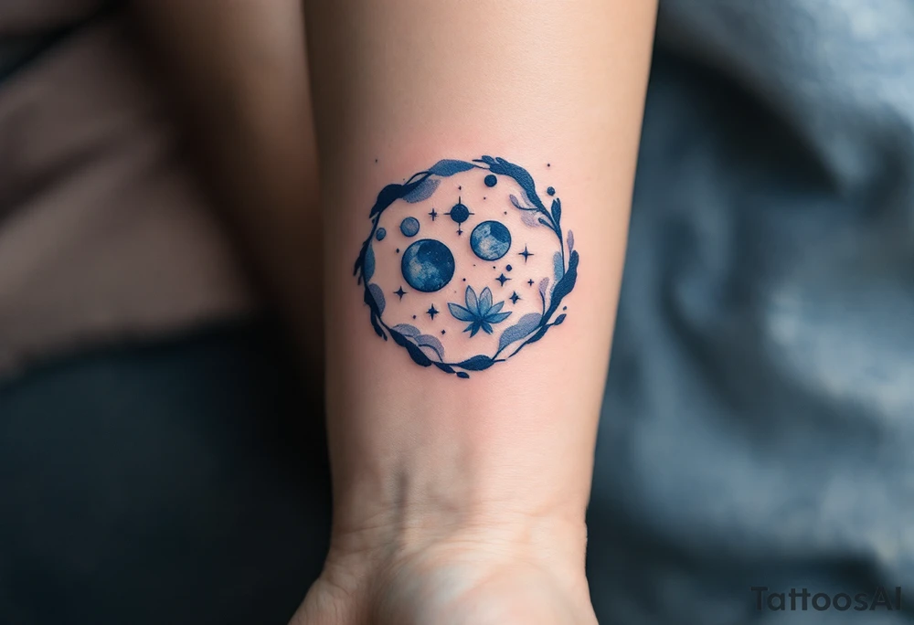 Birth chart-inspired tattoo with "Nela – 19.7.2023 v 1:13" in cosmic navy blue. tattoo idea