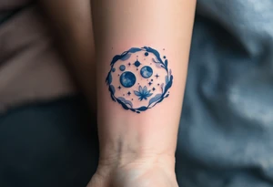 Birth chart-inspired tattoo with "Nela – 19.7.2023 v 1:13" in cosmic navy blue. tattoo idea