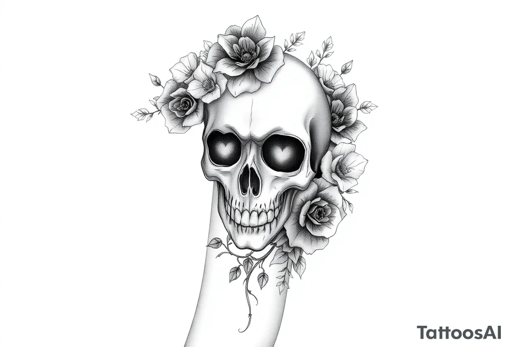 A half sleeve with Gothic pretty skull with heart shaped eyes surrounded by wildflowers and roses tattoo idea