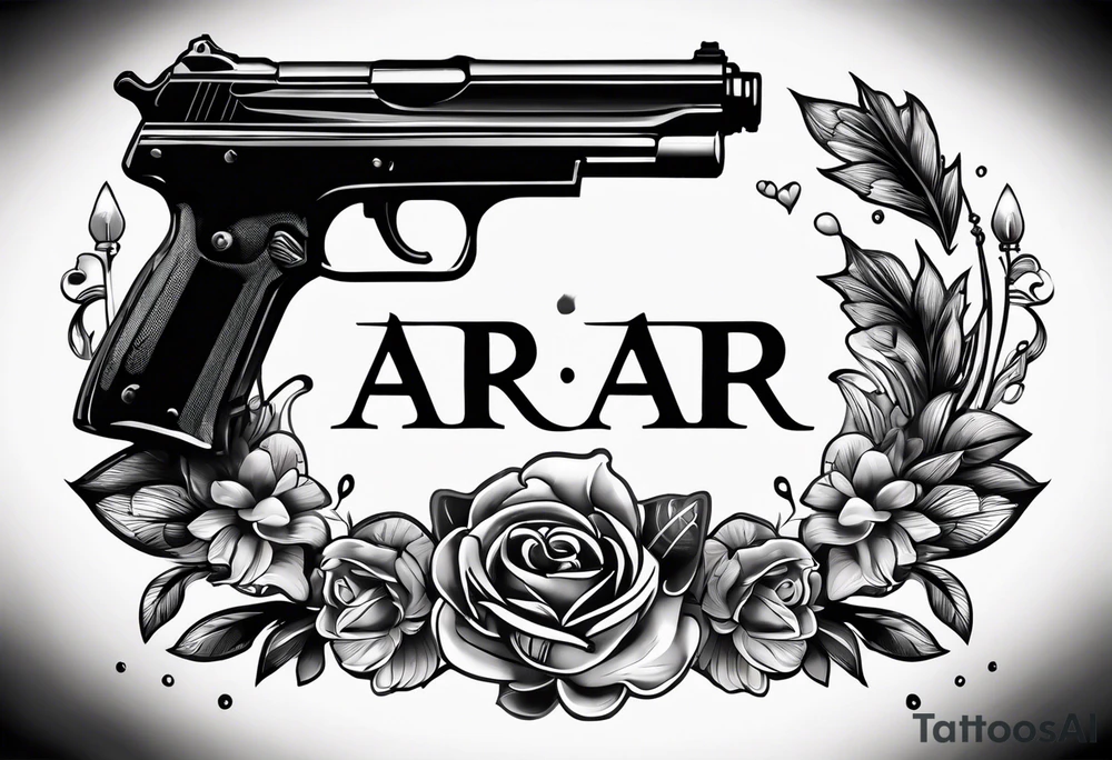 The letters AR with a pistol on each side and the word always on the top and ready on the bottom tattoo idea