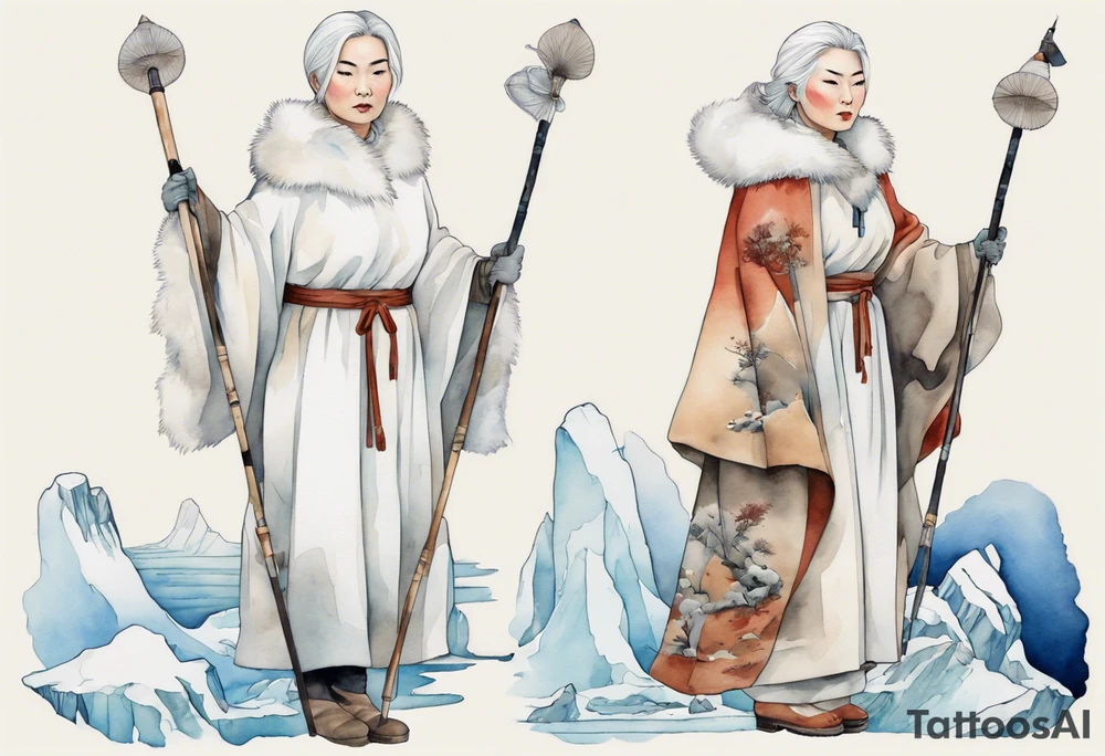 a 40 year old Inuit woman with white hair and a white robe and white mittens holding a plain white staff, standing on an iceberg tattoo idea