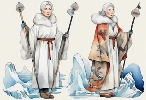 a 40 year old Inuit woman with white hair and a white robe and white mittens holding a plain white staff, standing on an iceberg tattoo idea