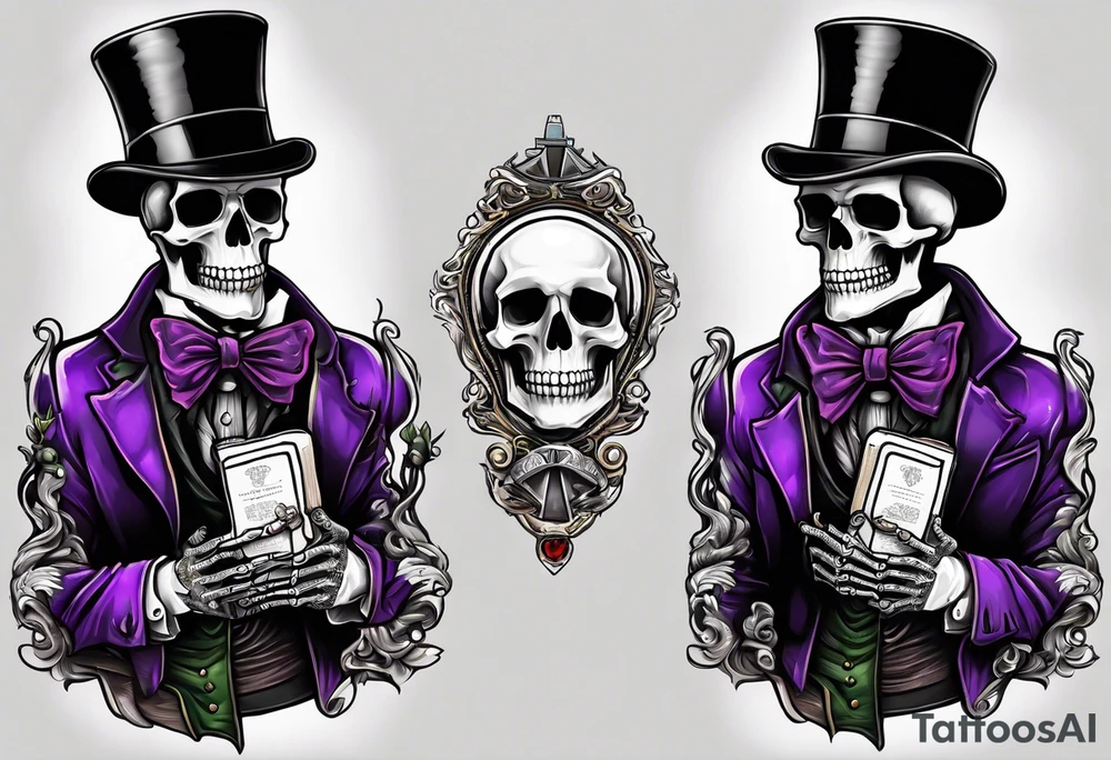 skeleton wearing a top hat holding a holy bible tattoo idea