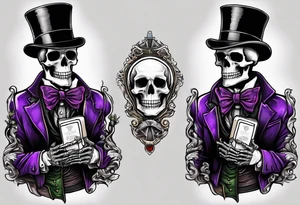 skeleton wearing a top hat holding a holy bible tattoo idea