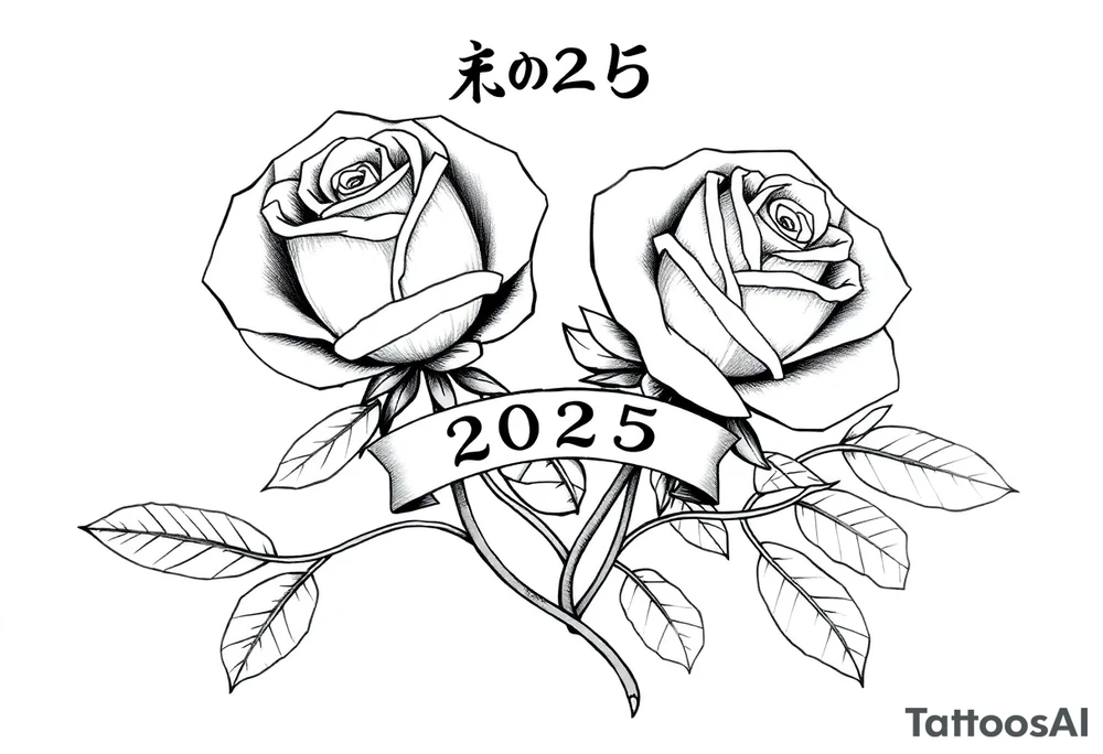 two beautiful rose buds, one larger than the other, with many leaves and their stems intertwined, representing two people in love. Include a banner connecting the two roses with "2025" on it.  The word "Rose" written in Kanji above the drawing.  Use dark outlines with little shading. The two stems should connect and join into one stem, whimsically curved or twisted - not straight down. tattoo idea