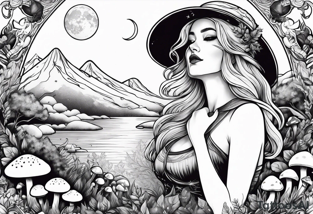 Chubby older blonde girl surrounded by mushrooms crescent moon mountains background tattoo idea