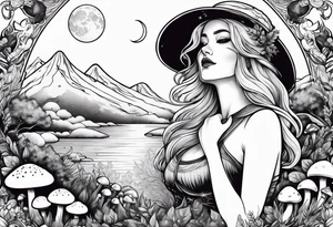 Chubby older blonde girl surrounded by mushrooms crescent moon mountains background tattoo idea