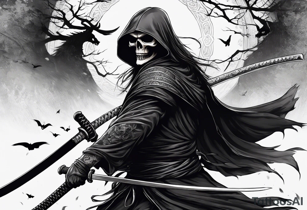 katana with grim reaper and skull tattoo idea