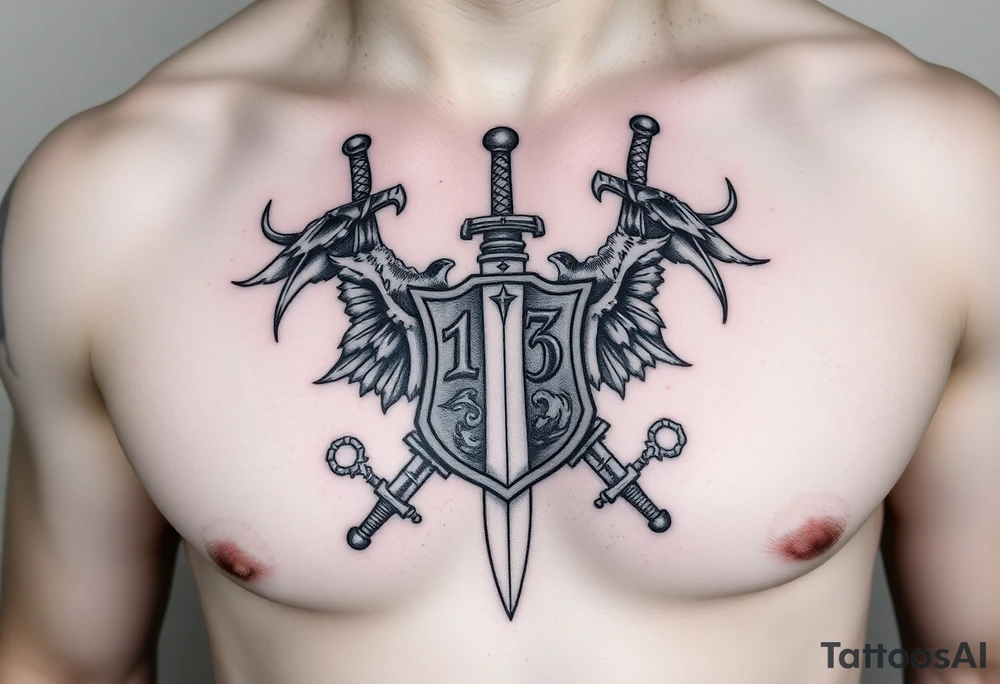 The Number 13, The Toledo Mudhens Baseball Team, And Demonic And Midevel dagger Featurs Made Into A Big Family Crest from Ireland tattoo idea