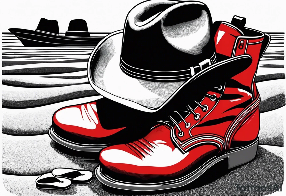Keep it simple. A pair of red Wing boots next to two flip flops and a cowboyhat on the Beach. tattoo idea