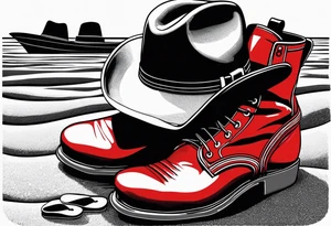 Keep it simple. A pair of red Wing boots next to two flip flops and a cowboyhat on the Beach. tattoo idea