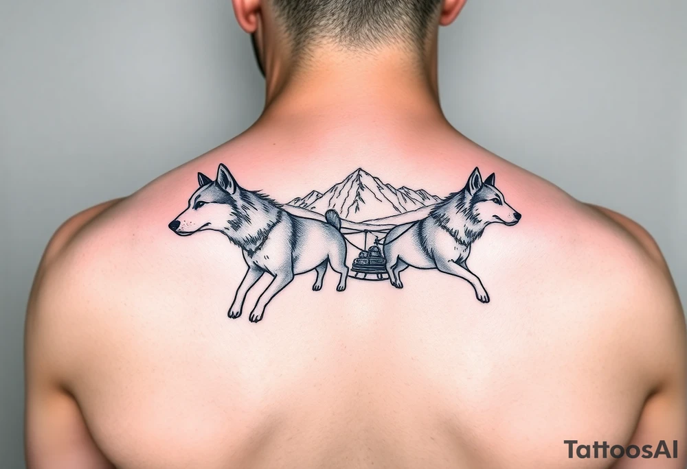 Sled dogs from a side viewwith sled and northern lights and mountains tattoo idea