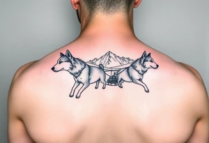 Sled dogs from a side viewwith sled and northern lights and mountains tattoo idea