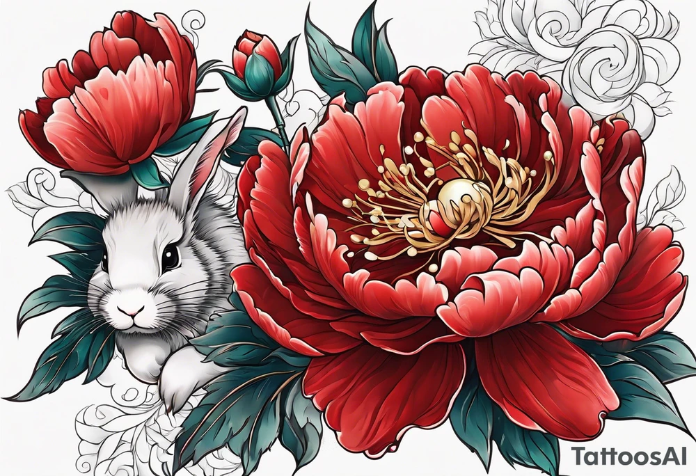 Red peony with dangling pearls with rabbit on top tattoo idea