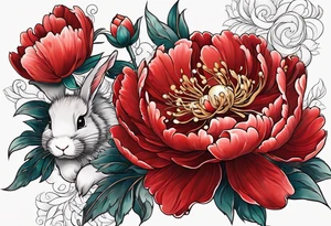 Red peony with dangling pearls with rabbit on top tattoo idea