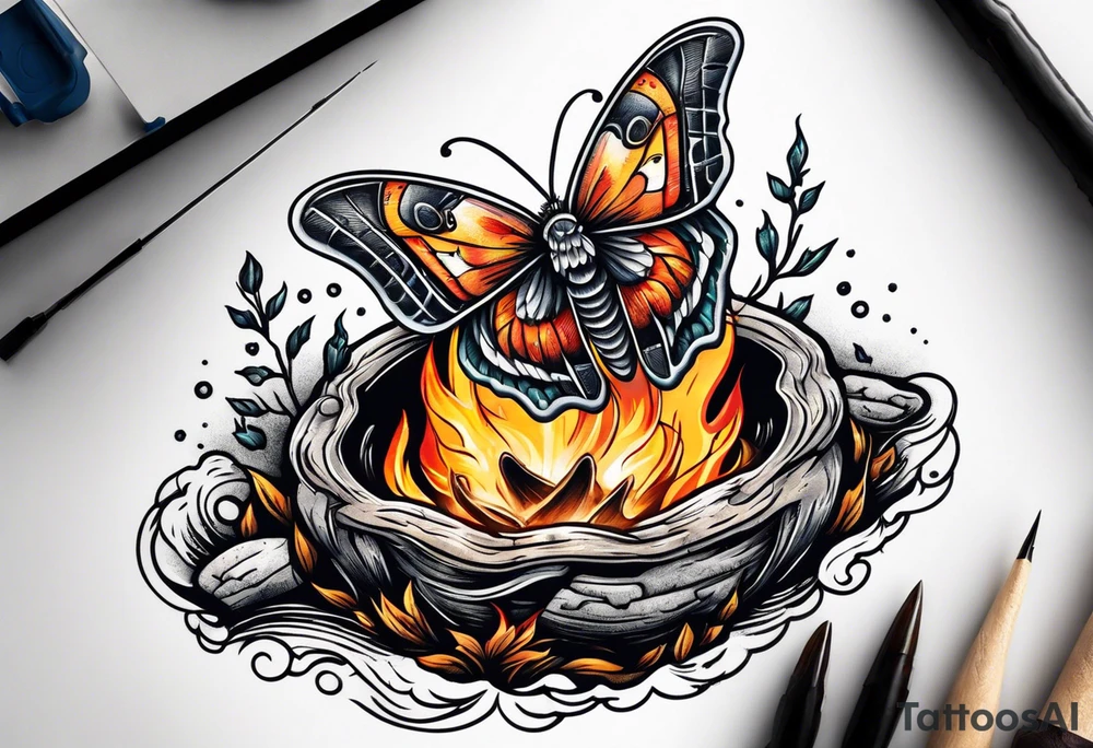 Moth flying near a campfire tattoo idea
