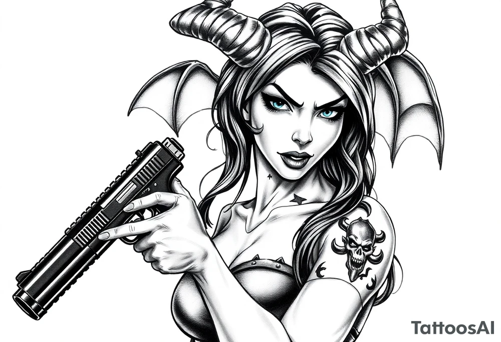 demon girl holding gun tattoo idea